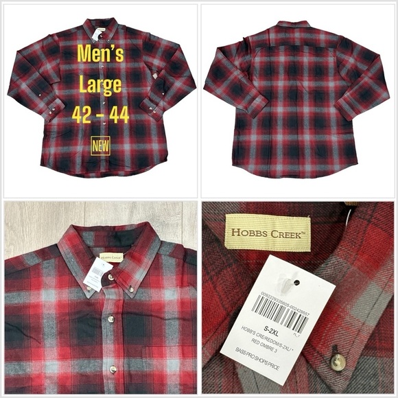 Men's Bass Pro Large Flannel Shirt Plaid Buffalo Red Gray Pocket Long Sleeve NWT - Picture 1 of 8